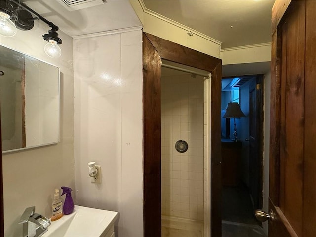 full bathroom featuring vanity and a shower stall