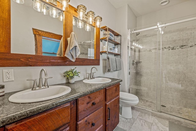 3024 Nagawicka Ave, Delafield, WI 53018 - bathroom with toilet, a shower stall, double vanity, and marble finish floors