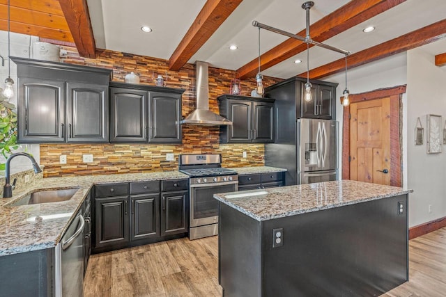 3024 Nagawicka Ave, Delafield, WI 53018 - kitchen featuring stainless steel appliances, a sink, wall chimney range hood, light wood-style floors, and beam ceiling
