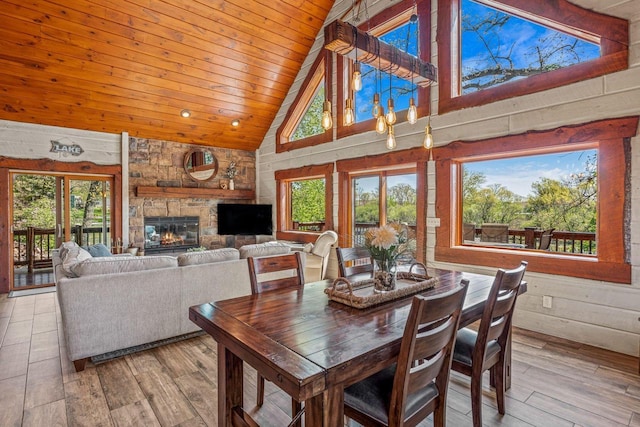 3024 Nagawicka Ave, Delafield, WI 53018 - dining space featuring high vaulted ceiling, plenty of natural light, a fireplace, wooden ceiling, and wood finished floors