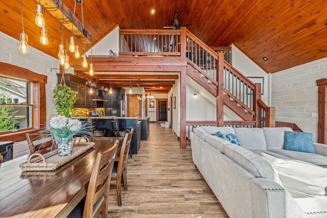 3024 Nagawicka Ave, Delafield, WI 53018 - living room with wooden ceiling, light wood-type flooring, stairs, high vaulted ceiling, and a ceiling fan