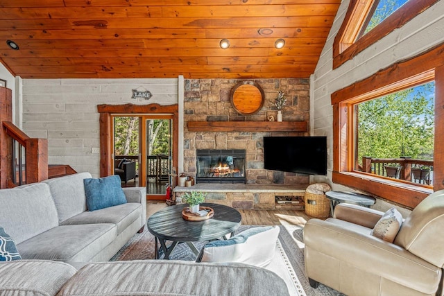 3024 Nagawicka Ave, Delafield, WI 53018 - living room with wood ceiling, wood finished floors, a stone fireplace, and vaulted ceiling