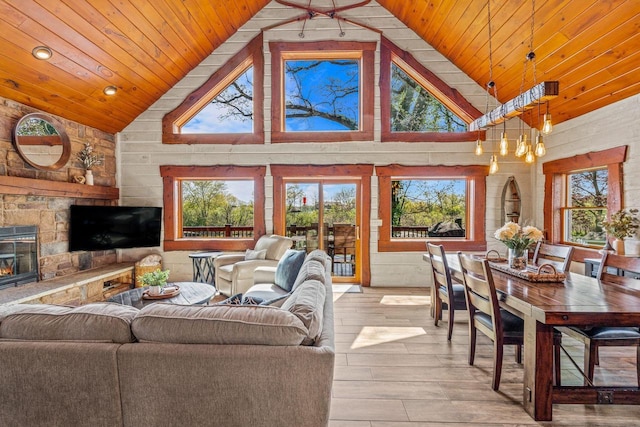 3024 Nagawicka Ave, Delafield, WI 53018 - living room featuring wooden ceiling, hardwood / wood-style flooring, high vaulted ceiling, a chandelier, and recessed lighting