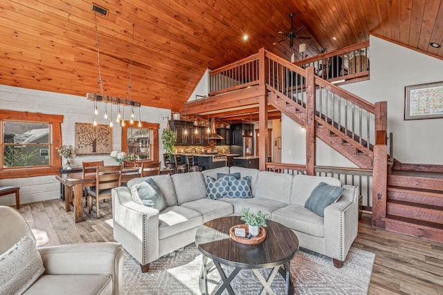 3024 Nagawicka Ave, Delafield, WI 53018 - living room with wood ceiling, stairs, wood finished floors, ceiling fan, and high vaulted ceiling