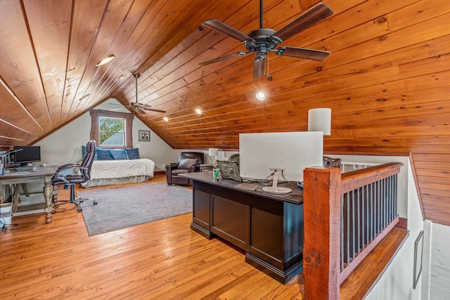 3024 Nagawicka Ave, Delafield, WI 53018 - office featuring a ceiling fan, light wood-type flooring, vaulted ceiling, and wooden ceiling