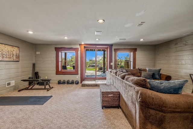 3024 Nagawicka Ave, Delafield, WI 53018 - carpeted living area featuring healthy amount of natural light, recessed lighting, and wooden walls