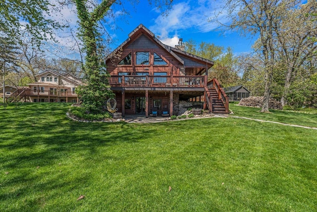 3024 Nagawicka Ave, Delafield, WI 53018 - rear view of house featuring stairs, a wooden deck, a yard, and a chimney