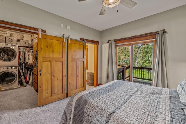 3024 Nagawicka Ave, Delafield, WI 53018 - bedroom featuring stacked washer / drying machine, carpet floors, access to outside, and a ceiling fan