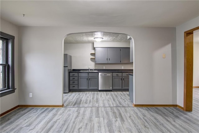 208 W Grand Ave, Chippewa Falls, WI 54729 - kitchen with baseboards, appliances with stainless steel finishes, dark countertops, and gray cabinets