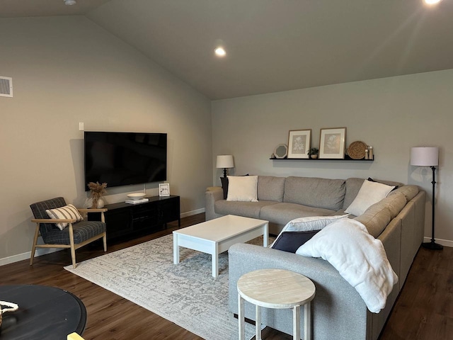1817 Ridgewood Cir, Menomonie, WI 54751 - living room with baseboards, lofted ceiling, dark wood-style flooring, and recessed lighting