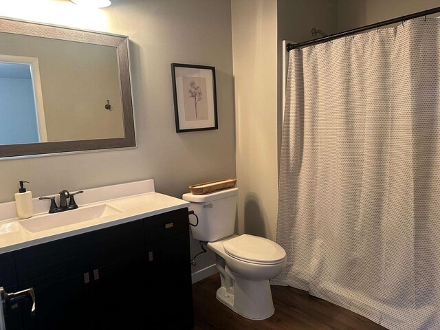 1817 Ridgewood Cir, Menomonie, WI 54751 - bathroom featuring wood finished floors, toilet, vanity, and a shower with shower curtain