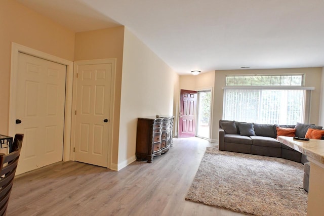 living room featuring a healthy amount of sunlight, baseboards, a wood stove, and wood finished floors