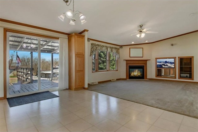 unfurnished living room with light colored carpet, ornamental molding, baseboards, and ceiling fan with notable chandelier