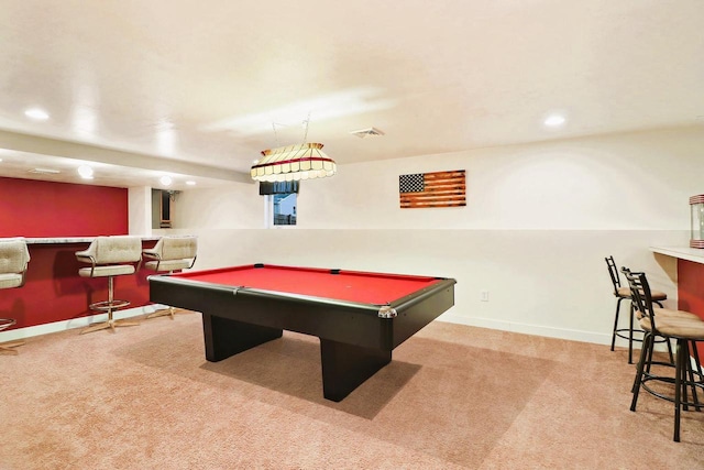 recreation room featuring billiards, visible vents, baseboards, a bar, and carpet