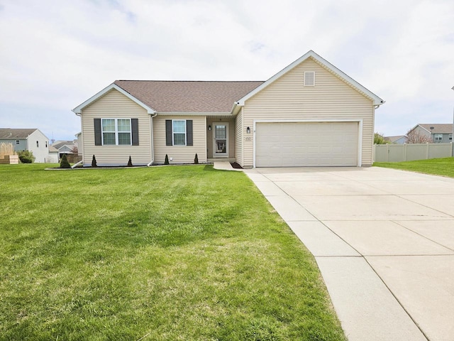 ranch-style home with an attached garage, fence, a front yard, and concrete driveway