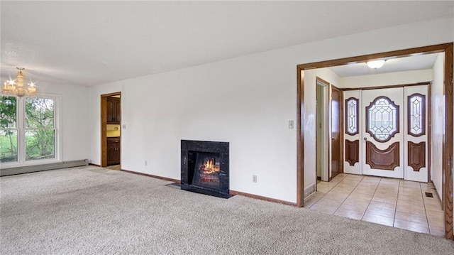 1413 E Clairemont Ave, Eau Claire, WI 54701 - unfurnished living room with an inviting chandelier, light carpet, baseboards, and a baseboard radiator