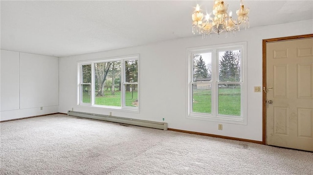 1413 E Clairemont Ave, Eau Claire, WI 54701 - unfurnished dining area featuring carpet flooring, an inviting chandelier, baseboard heating, and a healthy amount of sunlight