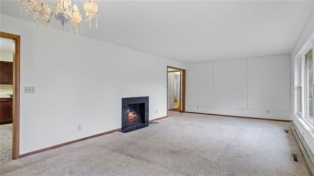 1413 E Clairemont Ave, Eau Claire, WI 54701 - unfurnished living room with a notable chandelier, carpet floors, baseboards, baseboard heating, and a warm lit fireplace