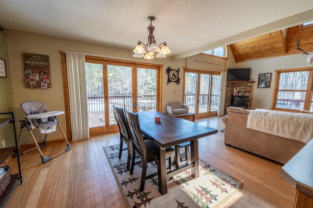 9327 Strong Rd, Argonne, WI 54511 - dining space with a wealth of natural light, a chandelier, light wood-type flooring, and vaulted ceiling with beams