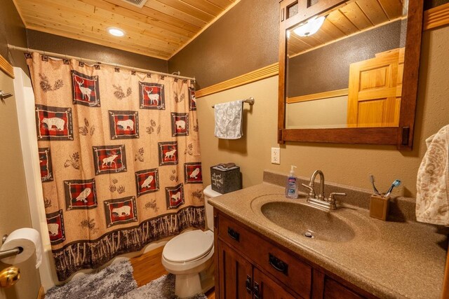 9327 Strong Rd, Argonne, WI 54511 - bathroom featuring toilet, a shower with shower curtain, wood ceiling, vanity, and wood finished floors