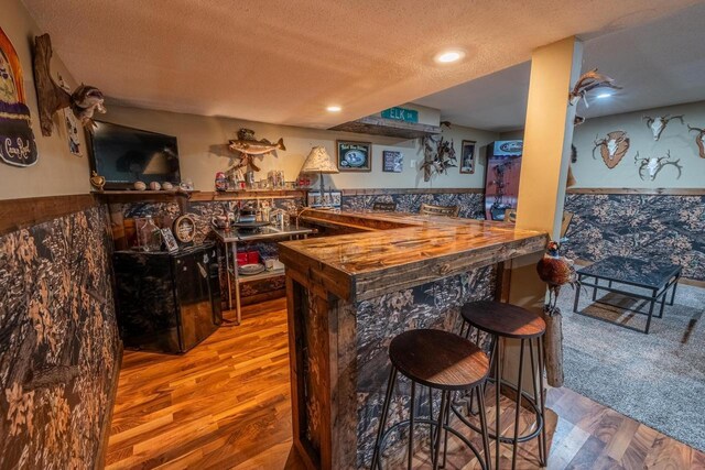 9327 Strong Rd, Argonne, WI 54511 - bar featuring a wainscoted wall, a dry bar, wood finished floors, a textured ceiling, and recessed lighting