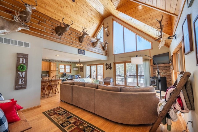 9327 Strong Rd, Argonne, WI 54511 - living room with wooden ceiling, visible vents, a chandelier, high vaulted ceiling, and hardwood / wood-style floors