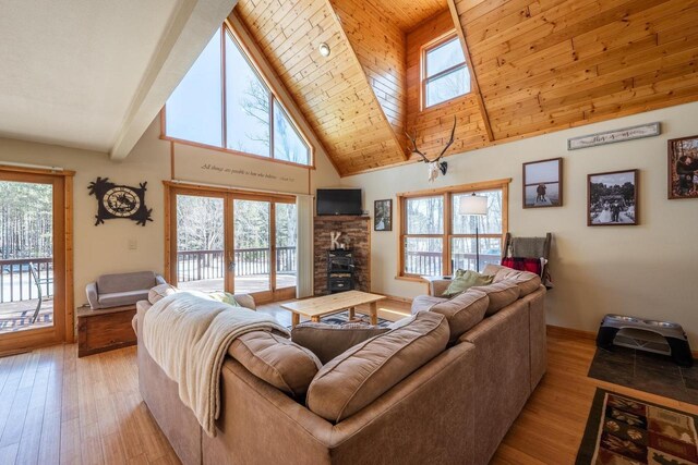 9327 Strong Rd, Argonne, WI 54511 - living area featuring wooden ceiling, baseboards, light wood finished floors, high vaulted ceiling, and a fireplace