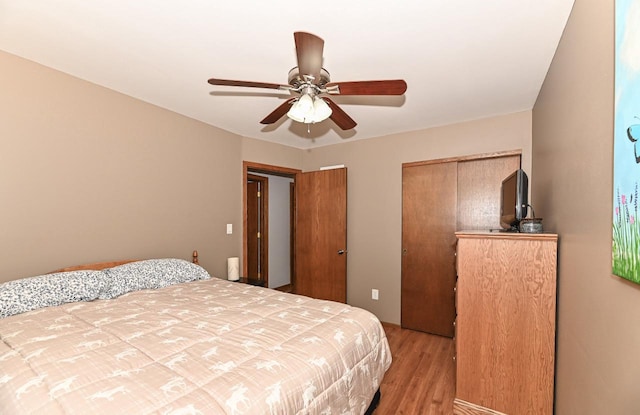 bedroom with multiple closets, light wood finished floors, and a ceiling fan