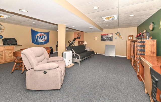 living room with recessed lighting, baseboards, and carpet floors