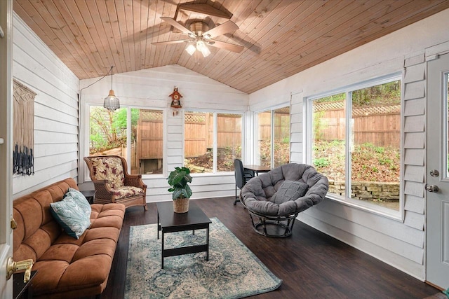 1218 Red Cedar Ct, Onalaska, WI 54650 - sunroom with wood walls, wooden ceiling, vaulted ceiling, a ceiling fan, and an outdoor hangout area