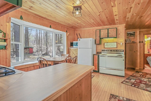 7589 Nose Lake Rd, Rhinelander, WI 54501 - kitchen featuring light wood-style floors, wood ceiling, wooden walls, and white appliances