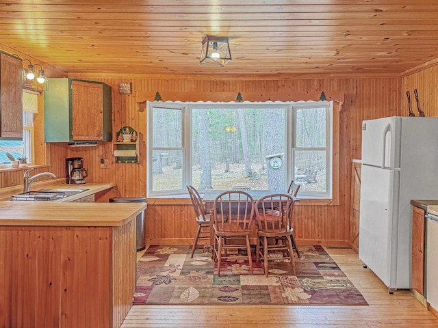 7589 Nose Lake Rd, Rhinelander, WI 54501 - kitchen with freestanding refrigerator, wooden walls, a sink, and light wood-style floors