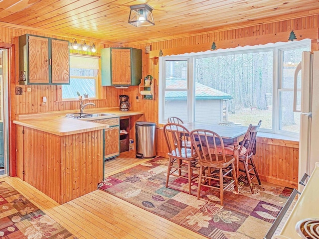 7589 Nose Lake Rd, Rhinelander, WI 54501 - kitchen featuring freestanding refrigerator, light countertops, wooden walls, and a sink