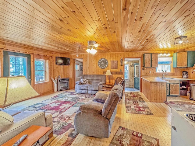 7589 Nose Lake Rd, Rhinelander, WI 54501 - living room featuring wood walls, light wood-style flooring, and wood ceiling