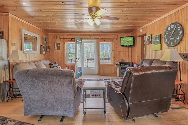 7589 Nose Lake Rd, Rhinelander, WI 54501 - living area featuring hardwood / wood-style flooring, wood walls, wood ceiling, and a ceiling fan