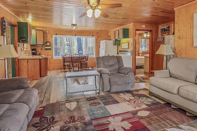 7589 Nose Lake Rd, Rhinelander, WI 54501 - living room featuring wooden ceiling, wooden walls, and ceiling fan