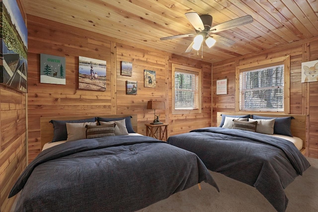 7589 Nose Lake Rd, Rhinelander, WI 54501 - bedroom featuring carpet, wooden ceiling, and wooden walls