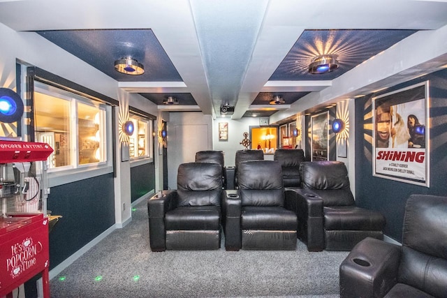 2704 Kettle Ct, West Bend, WI 53090 - cinema room featuring carpet flooring, baseboards, and beam ceiling