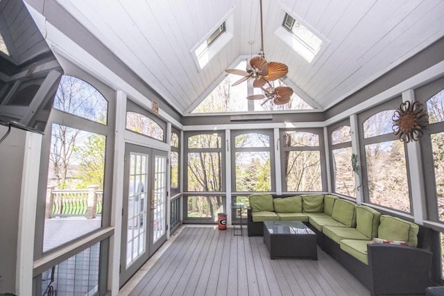 2704 Kettle Ct, West Bend, WI 53090 - sunroom featuring ceiling fan, a skylight, outdoor lounge area, and french doors