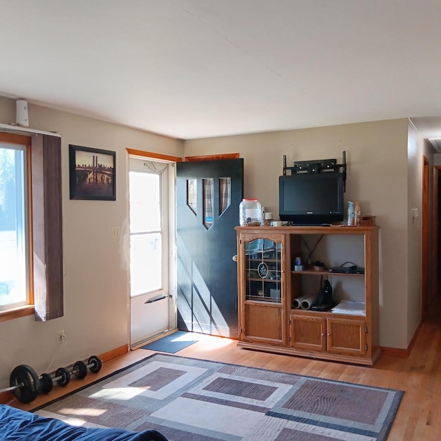 living area featuring baseboards and light wood-style floors