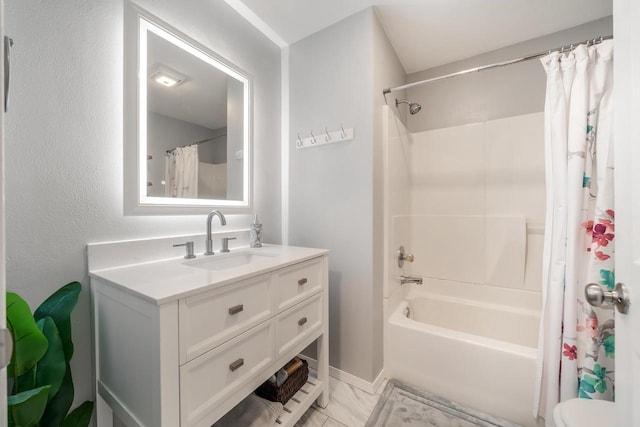 bathroom with vanity and shower / bathtub combination with curtain