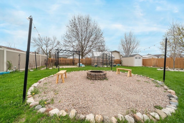 view of yard featuring an outdoor fire pit, a fenced backyard, an outdoor structure, and a storage shed