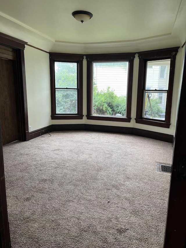 empty room featuring a wealth of natural light, visible vents, baseboards, and carpet floors