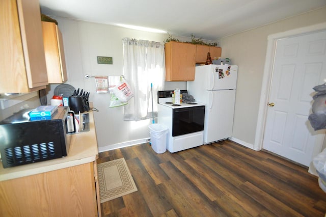 kitchen with white appliances, light countertops, dark wood-style floors, and baseboards