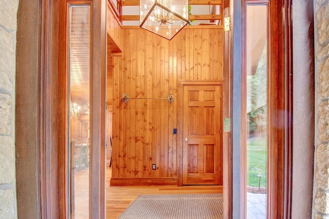doorway featuring wooden walls and wood finished floors