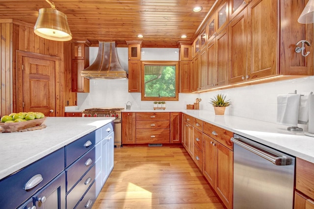 kitchen featuring premium range hood, stainless steel appliances, wooden ceiling, and light wood-style flooring