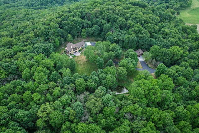 bird's eye view with a wooded view