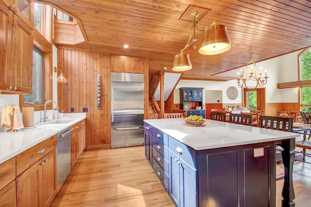 kitchen featuring a sink, wooden ceiling, wooden walls, a kitchen bar, and appliances with stainless steel finishes