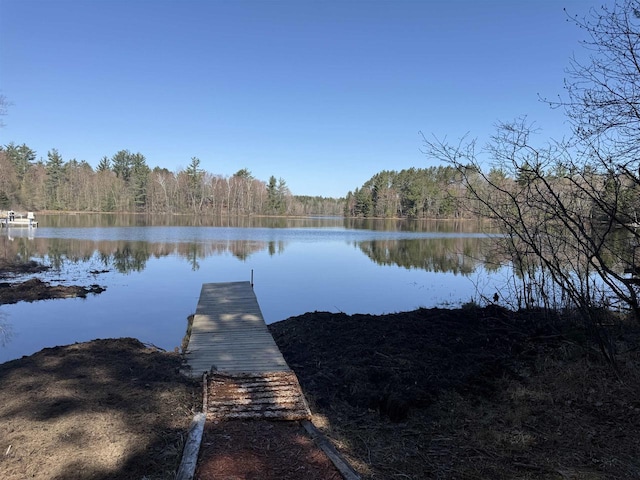 dock area with a water view and a wooded view