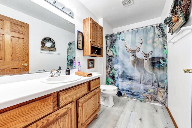 3280 County Rd S, Little Suamico, WI 54141 - bathroom featuring toilet, visible vents, curtained shower, vanity, and wood finished floors